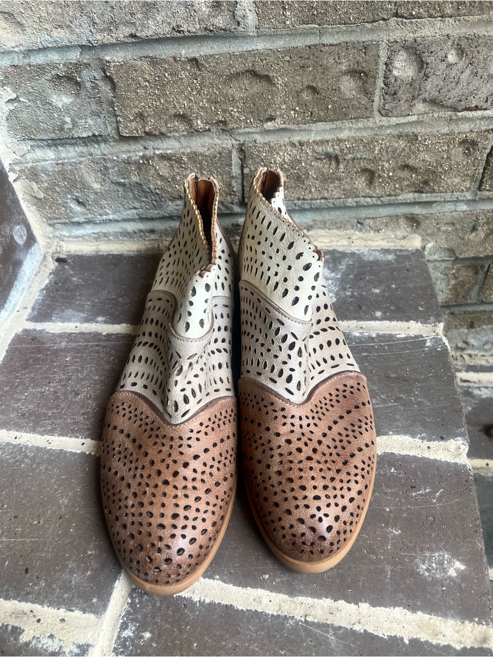Sundance Two-Tone Perforated Ankle Booties in Cream & Brown - Picture 5 of 5